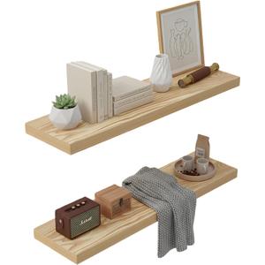Lufia Floating Wall Shelves, Set of 2, MDF with Invisible Brackets, Modern Storage for Bedroom, Bathroom, Living Room, Kitchen (Oak, 28" W x 7" D x 1.5" H)