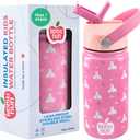 KOMUNURI Stainless Steel Leak Proof Kids Water Bottle with Straw & Lid 14oz - Insulated Spill Proof Water Bottle for Boy, Cold 24 Hour Toddler Girls Water Bottles for School (Pink - Unicorn-Rainbow)