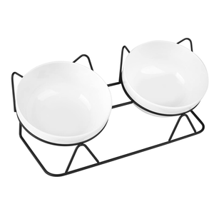 Trosetry Cat Bowls, Double Ceramic Pet Bowls with 15°Tilted Raised Stand for Food and Water, Anti Vomiting Dish Feeder, Perfect Puppy Cats Small Dogs(Black Stand), LLNVBP1966