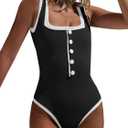 Saodimallsu Womens One Piece Swimsuit Vintage Ribbed Slimming High Cut Color Block Button Square Neck Bathing Suit (Large, Black)