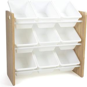 Humble Crew 9-Bin Toy Organizer  Journey Natural Wood with White Plastic Bins, 3-Tier Storage Solution for Kids' Playrooms and Nurseries