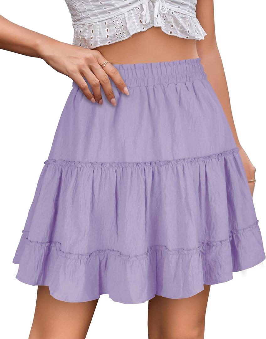 THHGPO Women's Basic Mini Skirts Versatile Flared Cotton Ruffle Elastic Waist A-Line Casual Short Skirt (Purple, M)