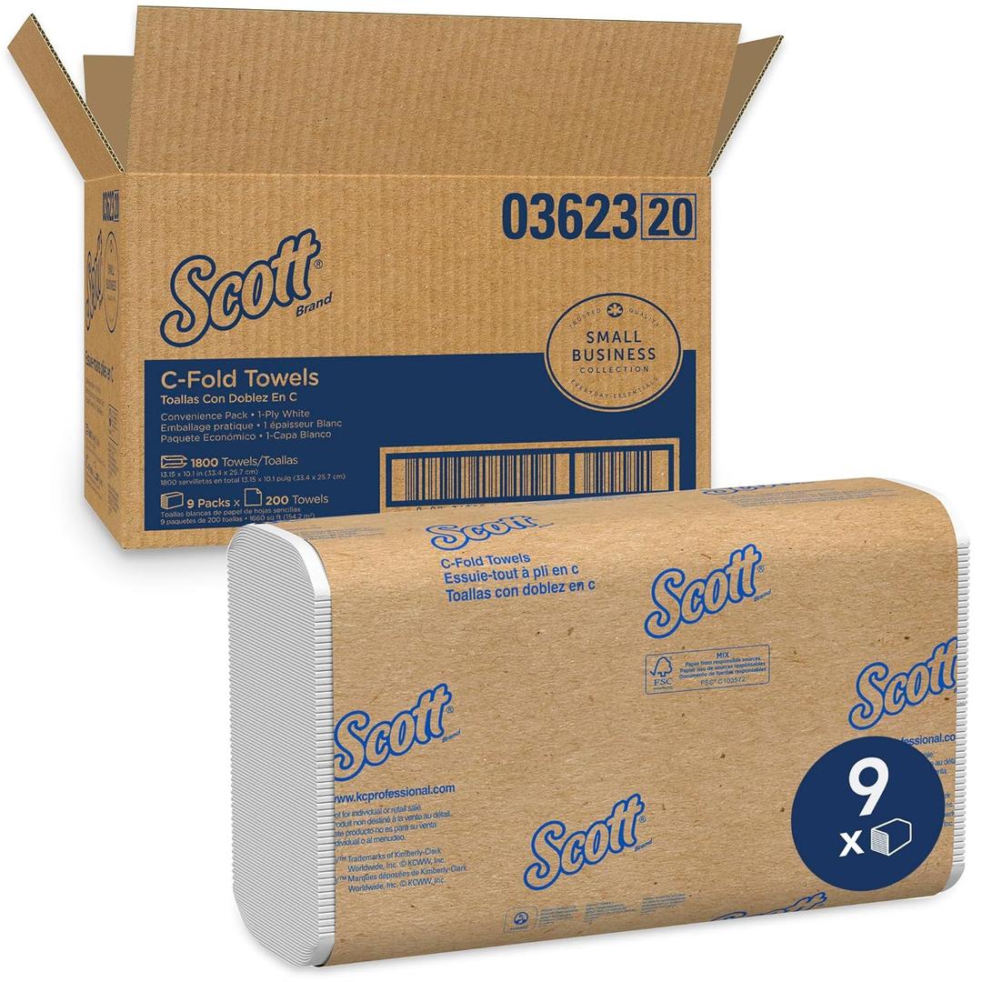 Scott Professional Scott C-Fold Folded Paper Towels, Bulk (03623), with Absorbency Pockets, White, (200 Sheets/Pack, 9 Packs/Case, 1,800 Sheets/Case)