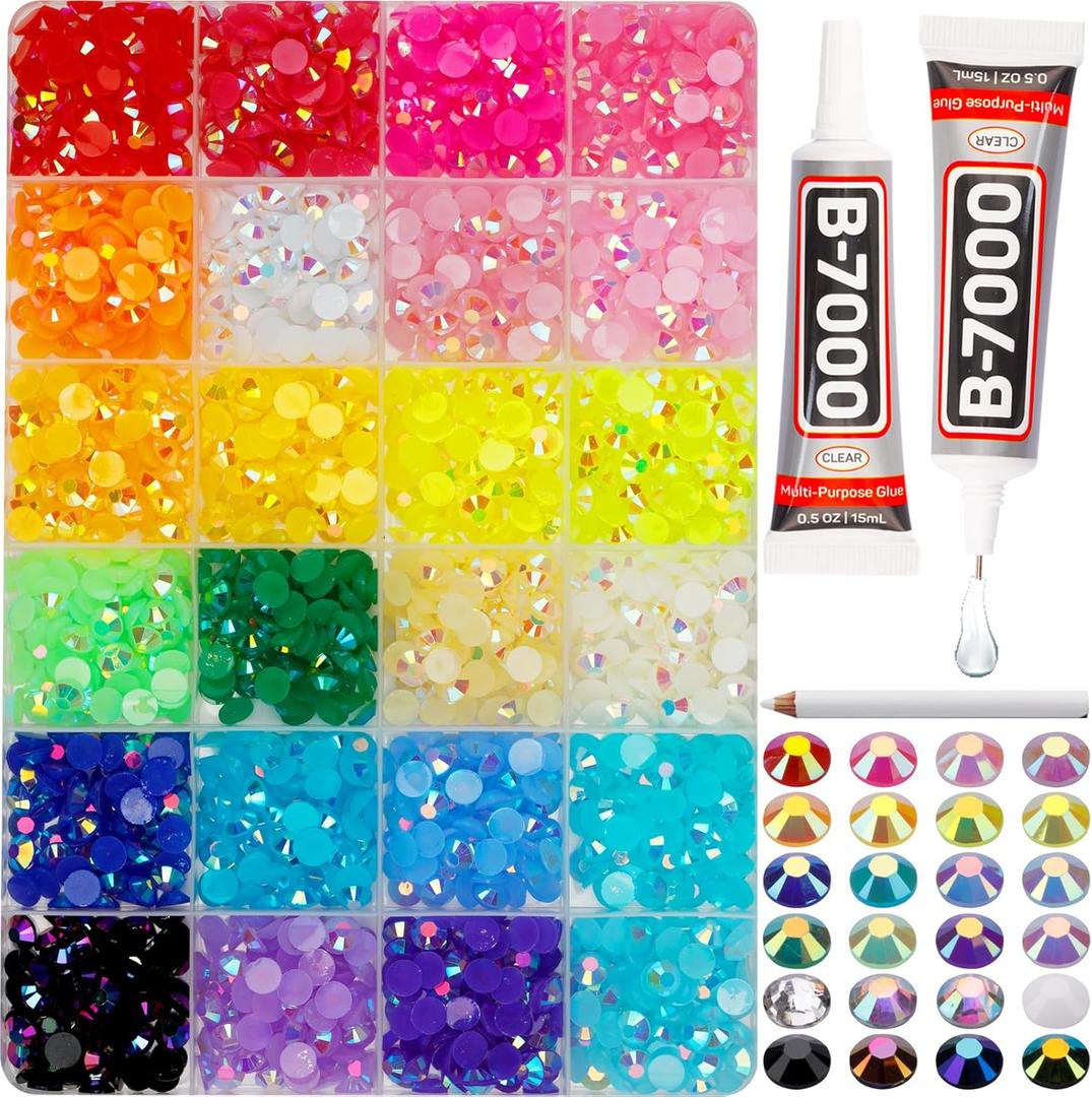 2000Pcs 6mm Rhinestones for Bedazzling, Bedazzler Kit with Rhinestones and Tools, Flatback Resin Jelly AB Colorful Rainbow Crystals Gems Set with Glue for Nail Art Crafting Clothes Crafts