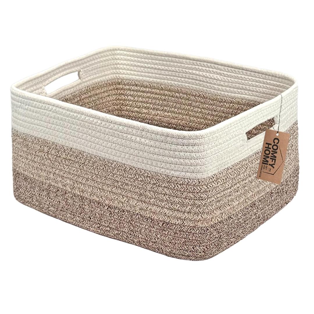 COMFY-HOMI Cotton Rope Woven Basket with Handles for Shelves,Toys,Book, Cloth Storage Baskets for Organizing-17" x 13" x 7.5" Toy Decorative Organizer for Living Room, Bathroom white/3 brown