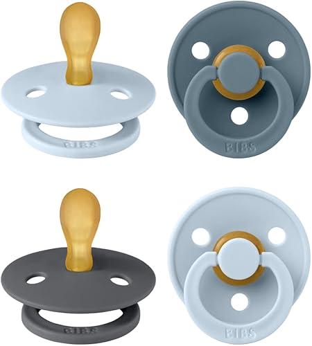 BIBS Colour Pacifier with Symmetrical Nipple| Natural Rubber Baby Pacifier | Set of 4 BPA-Free Soothers | Made in Denmark | Baby Blue Mix | Size 0-6 Months