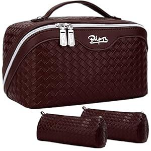 BOYATU Travel Makeup Bags for Women: Large Cosmetic Bag with Compartments - Vegan Leather Make up Bag Set of 3 - Compact Toiletry Organizer for Traveling (L14 Wine red)