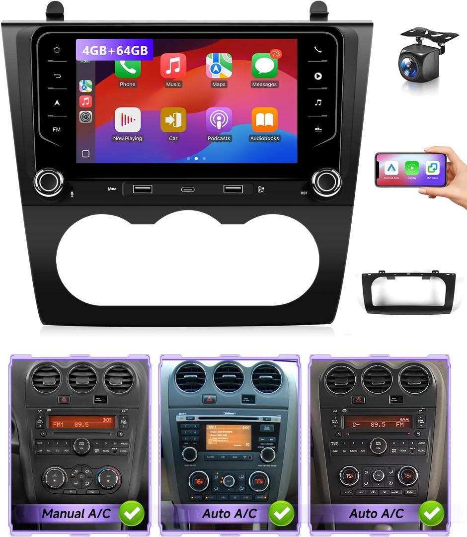 8Core Android 13 Car Radio for Nissan Altima 2008 to 2012(Manual and Auto AC), 7IN Touch Screen for Altima Stereo Wireless CarPlay & Android Auto/GPS Navi/WiFi/BT/FM RDS/DSP/Camera, 4G+64G