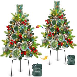 2 Pack Outdoor Christmas Tree Urn Fillers with 40 Warm & Colorful Change Lights, 8 Modes Timer, Pinecones Red Berries Decorations, Battery Operated for Holiday Planters Yard Porch Pathway Xmas Decor