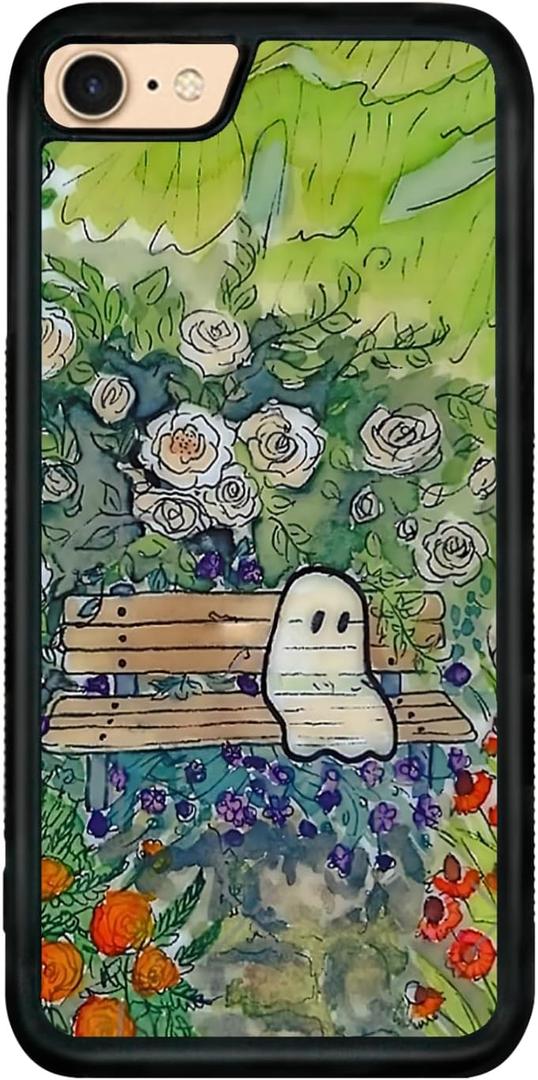 Green Cute Ghost Flower Watercolor Botanical Phone Case, Spooky Sad Ghost Garden Halloween Aesthetic Phone Case for iPhone 7/8/Se for Teen Girls and Boys, Women and MeniPhone-7/8/Se