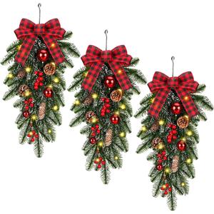3 Pcs Christmas Teardrop Swag 24 Inch Pine Branch Swag Stairway Swag Prelit Tear Drop Christmas Wreath with Warm Lights Christmas Decoration for Door Indoor Outdoor Home Hanging Decor