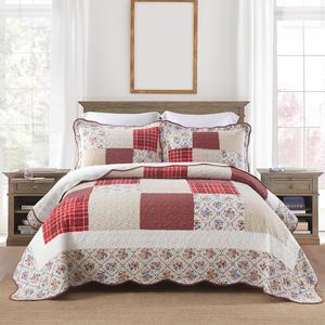 Cotton Bedspread Quilt Bedding Sets 3 Pieces Reversible Coverlet Sets Comforters Vintage Red White Rose Floral Patchwork Bedspread, King Size