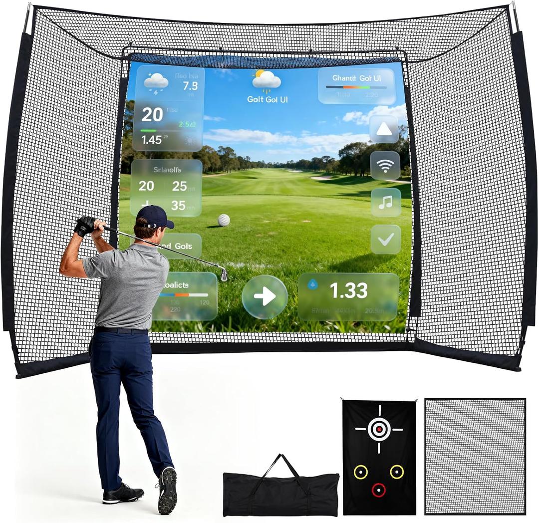 Golf Practice Hitting Net with HD Simulator Screen and Target Cloth, 10x8 FT Golf Driving Net for Indoor, Outdoor, Backyard and Garage with Impact Resistance and Ball Return