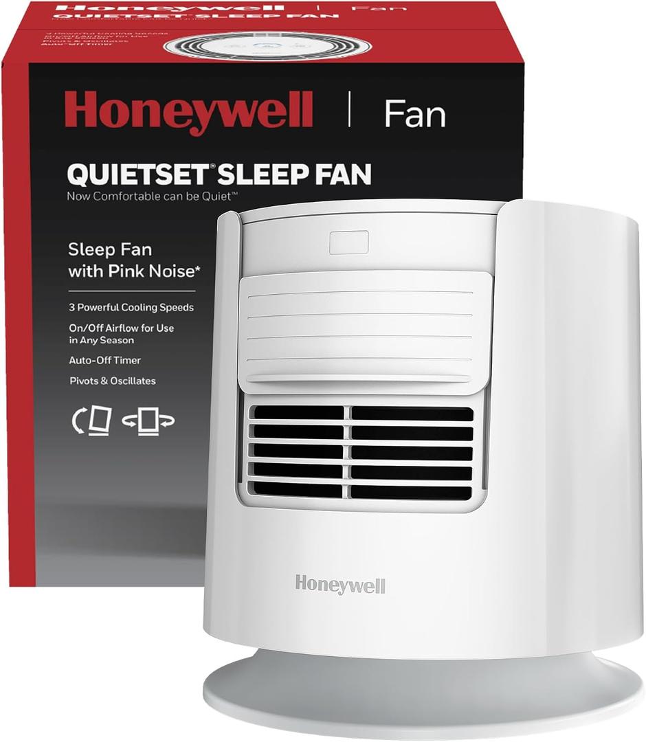 Honeywell QuietSet Personal Sleep Fan Noise Machine with Pink Noise, 3 Speeds, Adjustable Head, Nightstand and Bedside Fan, White, HTF300W, Medium