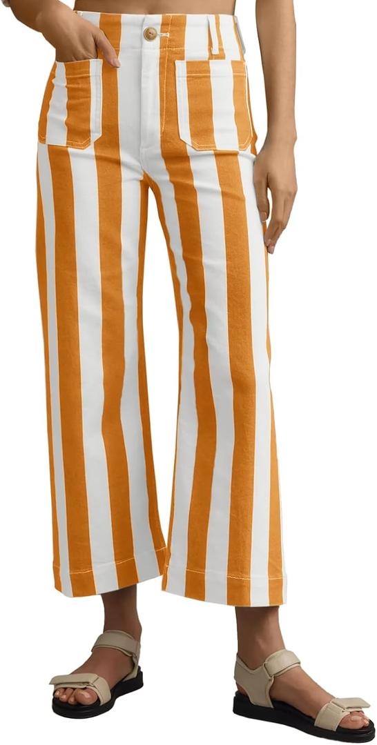 Tankaneo Womens Cropped Striped Jeans Casual High Waisted Stretchy Polka Dots Straight Leg Denim Pants with Pockets (Orange, S)