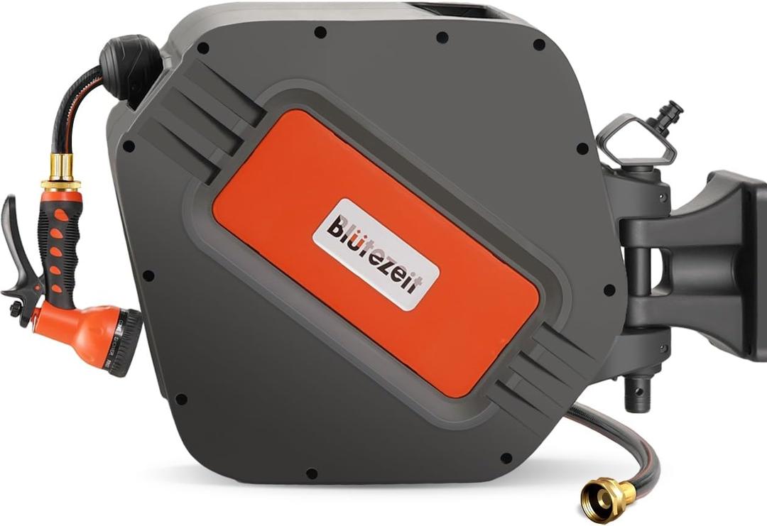 Bltezeit Retractable Garden Hose Reel, 1/2'' x 65ft+6ft Hose Reel Wall Mount with 9 Function Nozzle | Any Length Lock | 180 Swivel Bracket | Automatic Slow Rewind Self-Winding (Dark)