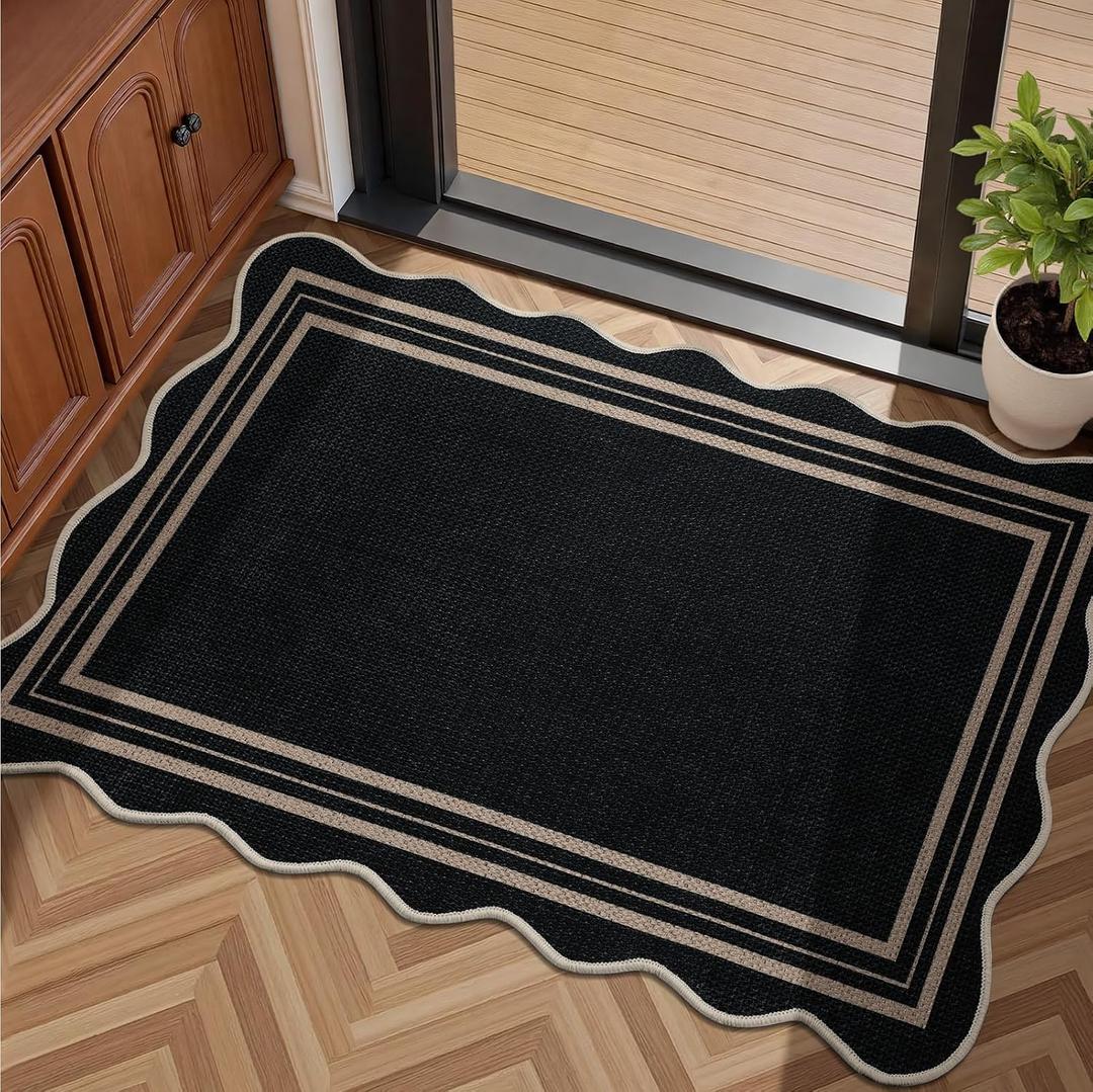 EDIMENS Easy Jute Rug Entryway Rug, 2x3 Front Door Mat Small Entryway Non-Slip Washable Area Rug, Low Pile Black Indoor Outdoor Farmhouse Scalloped Doormat for Entrance Entry Porch Doorway