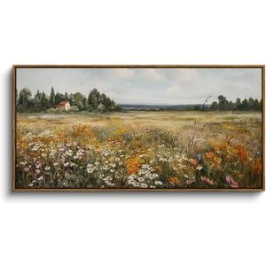 InSimSea Extra Large Framed Vintage Wall Art, Living Room Country Farmhouse Decor, Wildflower Meadow Landscape Canvas Prints, Retro Cottage Long Pictures for Bedroom Above of Bed, 20x40inch