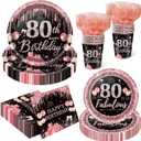 250PCS 80th Birthday Party Decorations for 50 Guests Black and Rose Gold Party Supplies for Women Include Disposable Paper Plates, Napkins, Cups, and Disposable Plastic Cutlery (80)