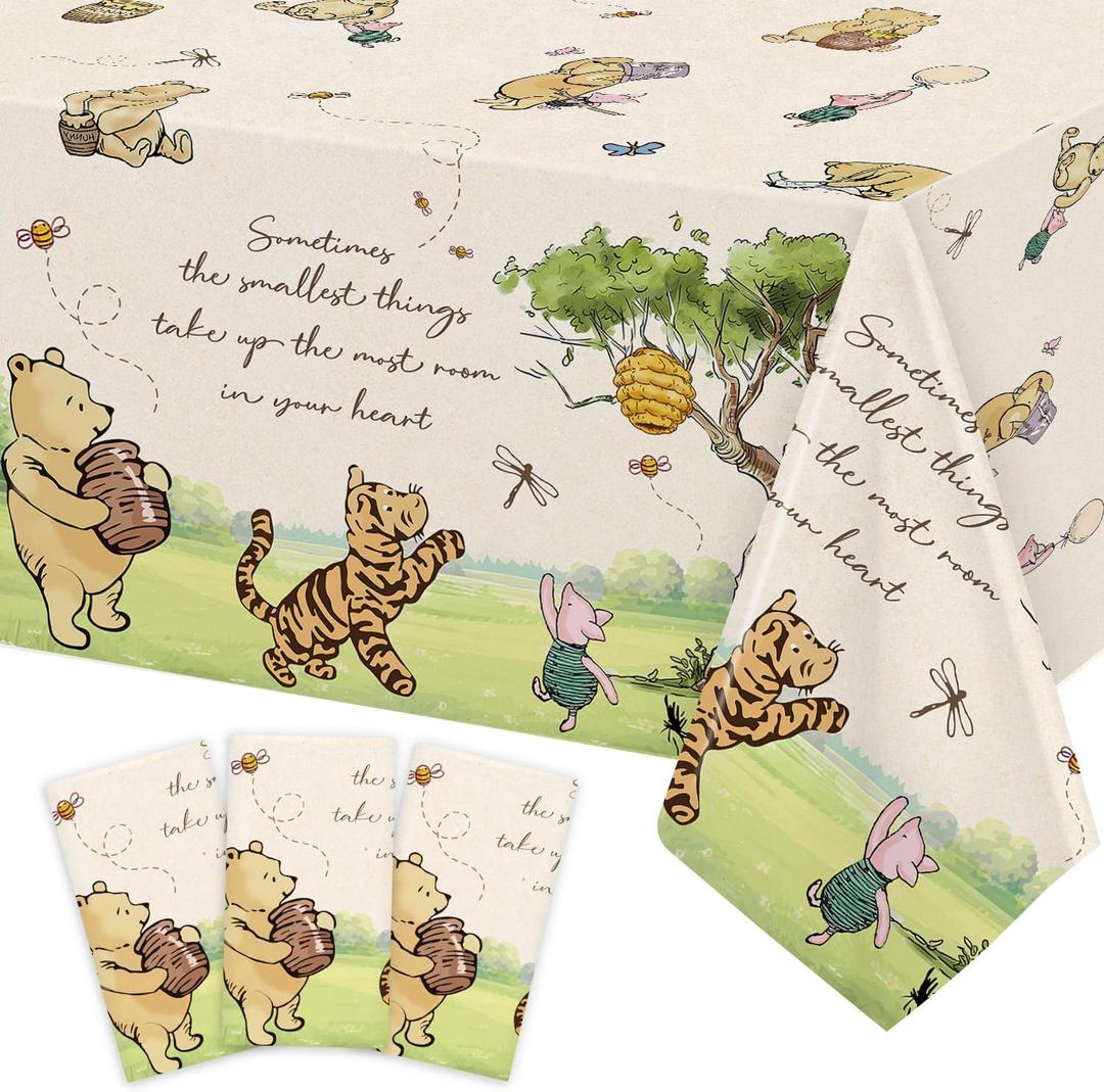 3Pcs Classic Winnie Bear Baby Shower Birthday Decorations Quotes Table Cloths, Neutral Rectangle 54 x 108Inch Disposable Vintage Pooh Bear Tablecloths for Winnie Gender Reveal 1st Birthday Decorations