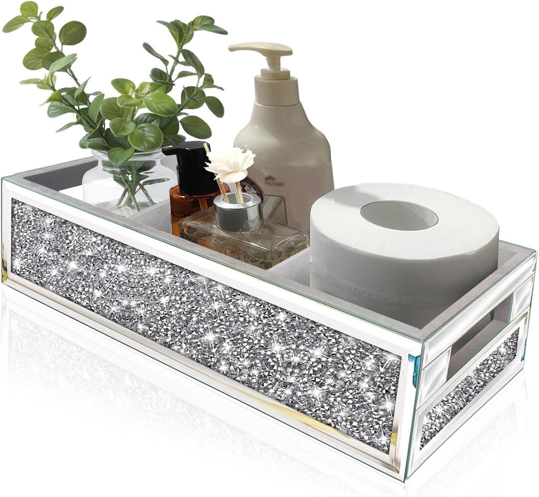 Wocred Bathroom Basket Toilet Tank Upgrade,Crushed Diamond Mirrored Bathroom Tray Wall-Mounted,3 Layer partition Storage Organizer fits Dresser Bedroom,Bathroom,Coffee Table.(15x6x3.8) (Silver 3 Compartment)