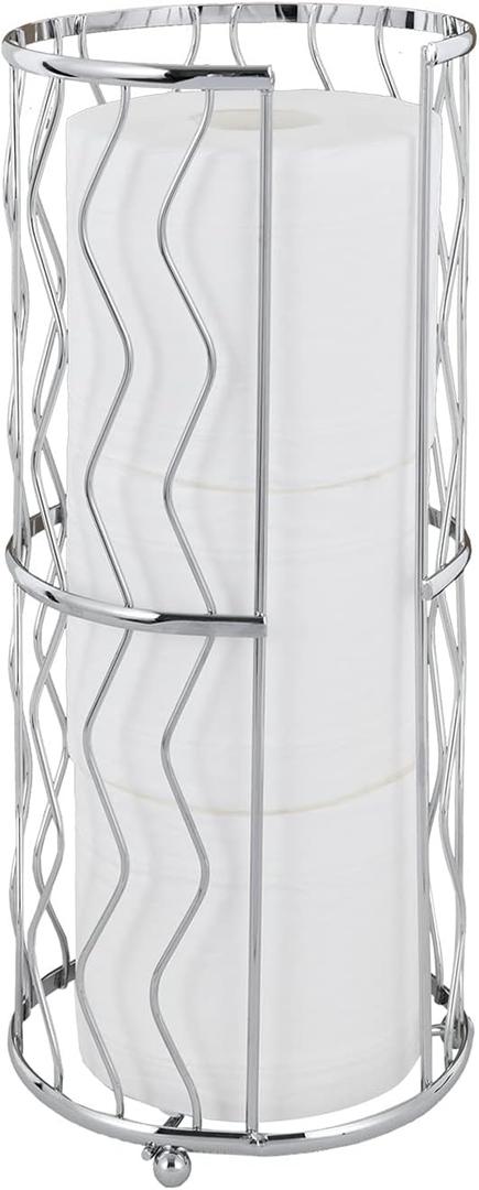 Decorative Metal Standing Toilet Tissue Holder for Bathroom/Powder Room, Compact Tissue Reserve for 3 Jumbo Rolls of Extra Toilet Paper Chrome