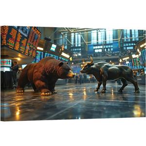 LSIUHWUWI Bull and Bear Canvas Wall Art, Bear Canvas Wall Decor, Bull Pictures Wall Decor, Bear and A Bull Statue Stand in a Stock Exchange Wall Art,Office Wall Art, Wall Decor 24x36 Inch
