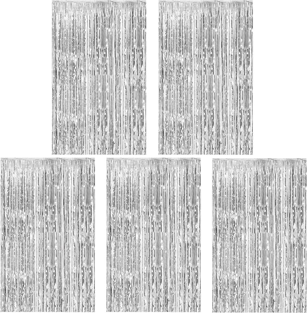 5 Pack Silver Foil Curtain Backdrop Metallic Tinsel Foil Fringe Curtains Photo Booth Props for Birthday Wedding Engagement Bachelorette Christmas Holiday Celebration Party Decorations Supplies
