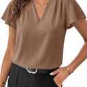 EVALESS Womens Tops Dressy Casual Summer Ruffle Short Sleeve Pleated V Neck Work Business Blouses Trendy 2026 Dark Khaki 2XL
