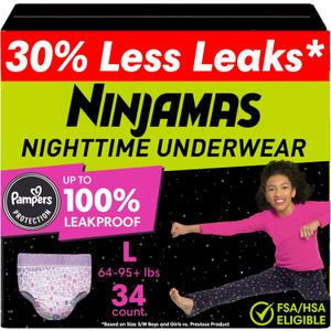 Ninjamas Girls Bedwetting Nighttime Underwear, Size L (64-95+ lbs), 34 Count, Overnight Protection, Ultra Absorbent, Hypoallergenic