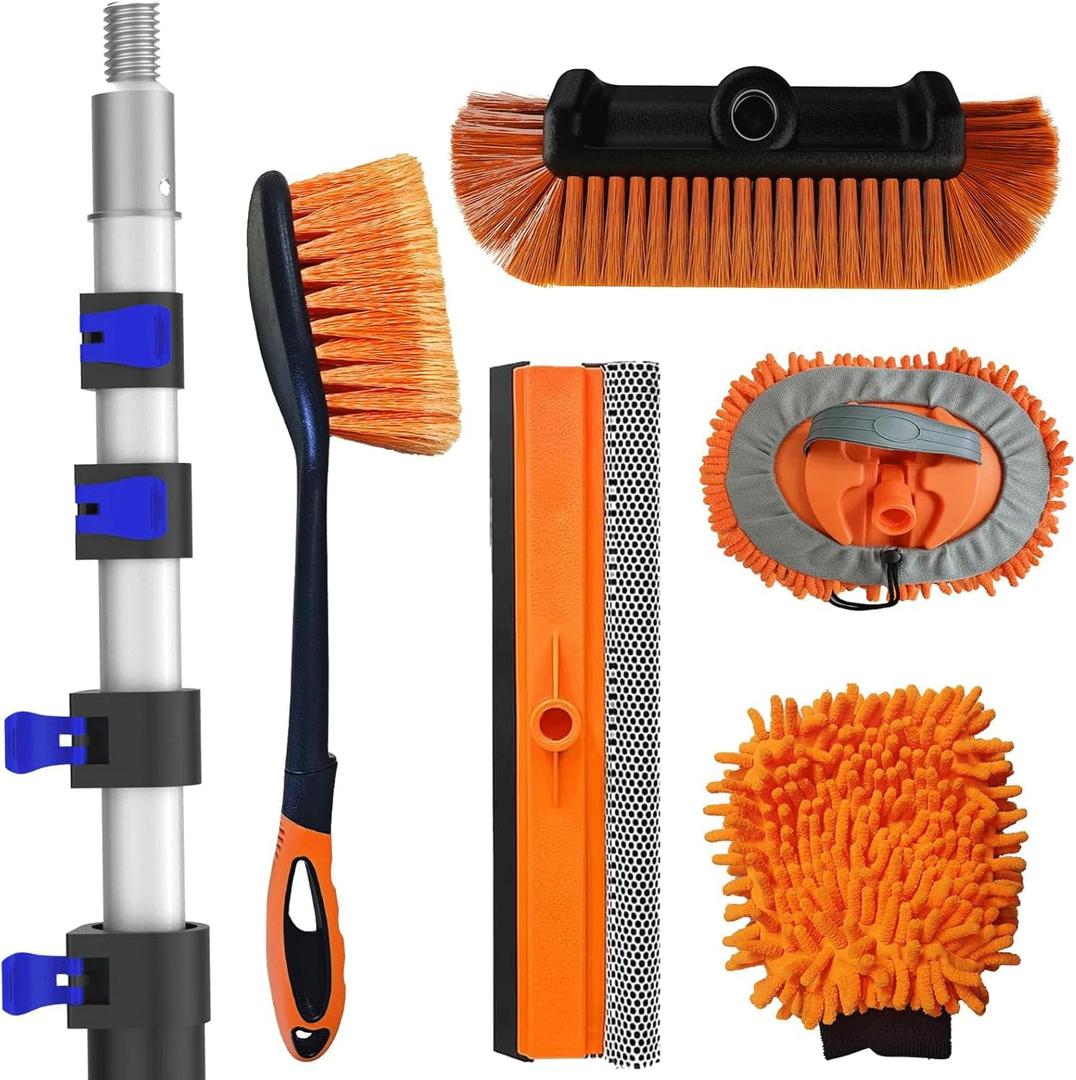26Ft Reach Car Wash Kit with 5-20FT Telescopic Extension Pole, Car Wash Brush with Long Handle, Wheel Tire Brush, Car Wash Mop, Mitt, Squeegee for Cleaning Car, SUV, RV, Boats, Solar Panels