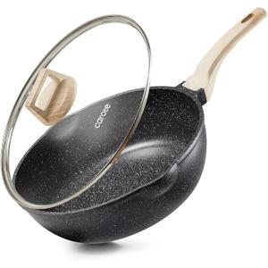 CAROTE 12 Inch Nonstick Deep Frying Pan with Lid, 5.5 Qt Jumbo Cooker Saute Pan with Pour Spout, Skillet Induction Cookware, Non Stick Cooking Pan PFOA Free, Classic Granite