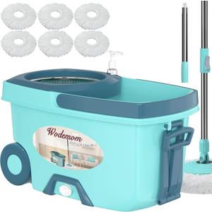 Spin Mop and Bucket System, Mop and Bucket with Wringer Set,Mops for Floor Cleaning,Household Supplies Tools with 6 Replacement Refills,61" Extended Handle for Household Hardwood Floor - Green