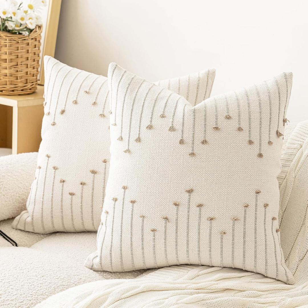 LILEPOY Boho Throw Pillow Covers 18x18 Set of 2 Neutral Decorative Textured Cushion Case Farmhouse Pillowcase Modern Square Pillow Covers for Sofa,Couch, Living Room,Beige and Khaki