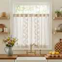 jinchan Belrose Linen Floral Kitchen Curtains 36 inch Length Embroidered Farmhouse Cafe Curtains for Living Room Bathroom Small Windows Curtain Set Sheer Light Filtering 2 Panels Beige