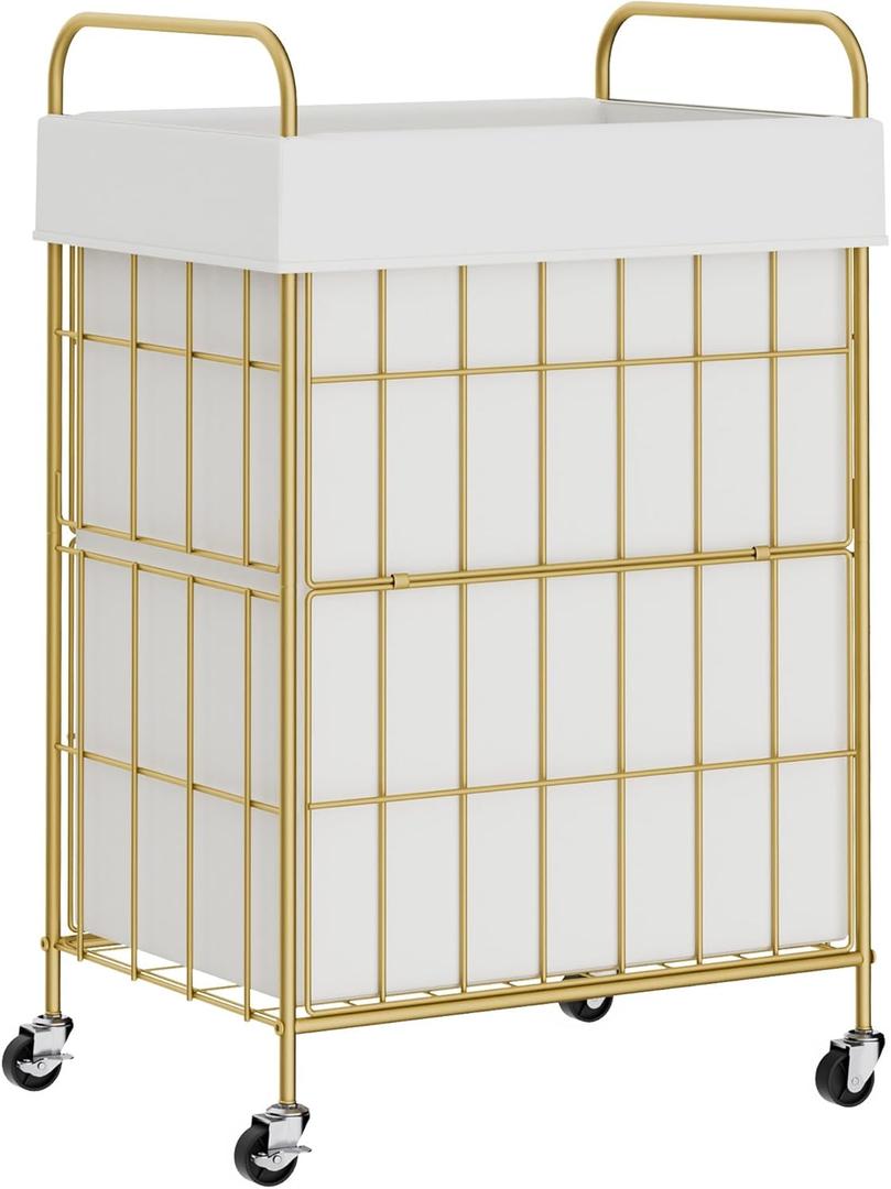 Laundry Hamper with Wheels, 90L Laundry Basket with Handle, Laundry Sorter with Removable Liner Bag (90L-1 Section, Golden+White)