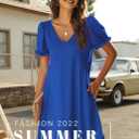 Aloodor Women's Casual Dresses Short Sleeve V-Neck Dress with Pockets (Blue, XL)