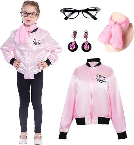 Sincere Party Pink Satin Jacket Back to the 50s Costume for Girls with ,Scarf,Earrings