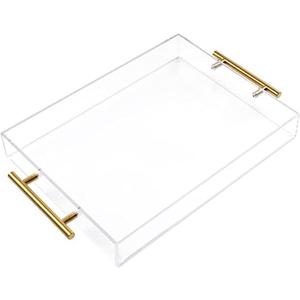 11"x14" Clear Acrylic Serving Tray with Golden Handles, Sturdy Huge Capacity Acrylic Tray for Coffee, Juice, Kitchen and Desk Organizer (11"x14")