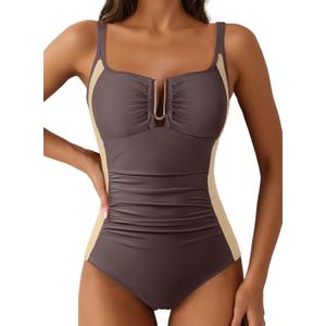 Aleumdr Womens One Piece Swimsuits Tummy Control Bathing Suit U-Wire Cutout Ruched Slimming Swimwear (XX-Large, Dark Brown)