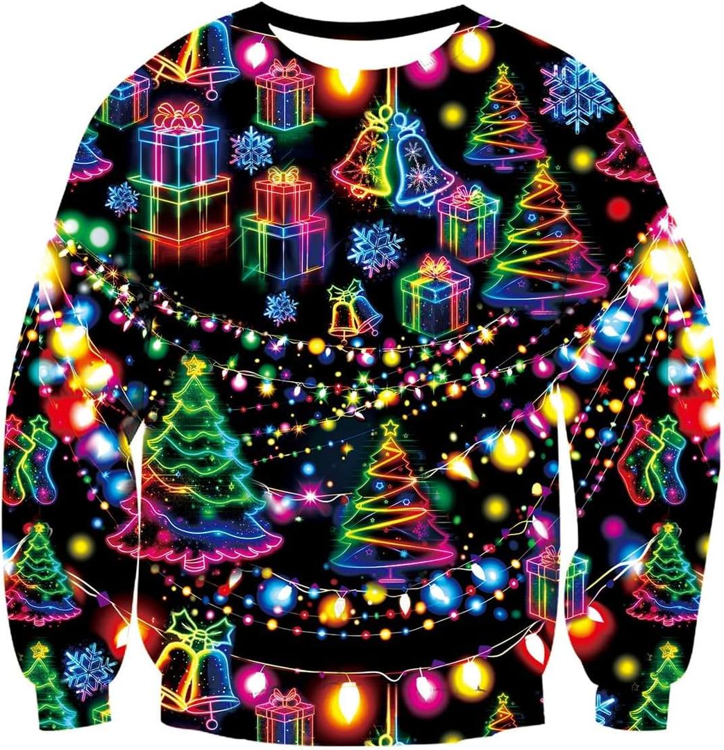 Idgreatim Unisex Ugly Christmas Crewneck Sweatshirt Novelty 3D Graphic Long Sleeve Sweater Shirt (Neon Christmas Tree) XL