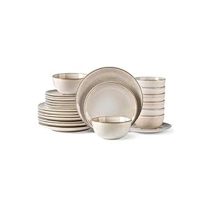 AmorArc Stoneware Dinnerware Sets for 8, 24 Pieces Handpainted Ceramic Plates and Bowls Set, Scratch Resistant Dishes Set, Dishwasher & Microwave Safe, Cappuccino