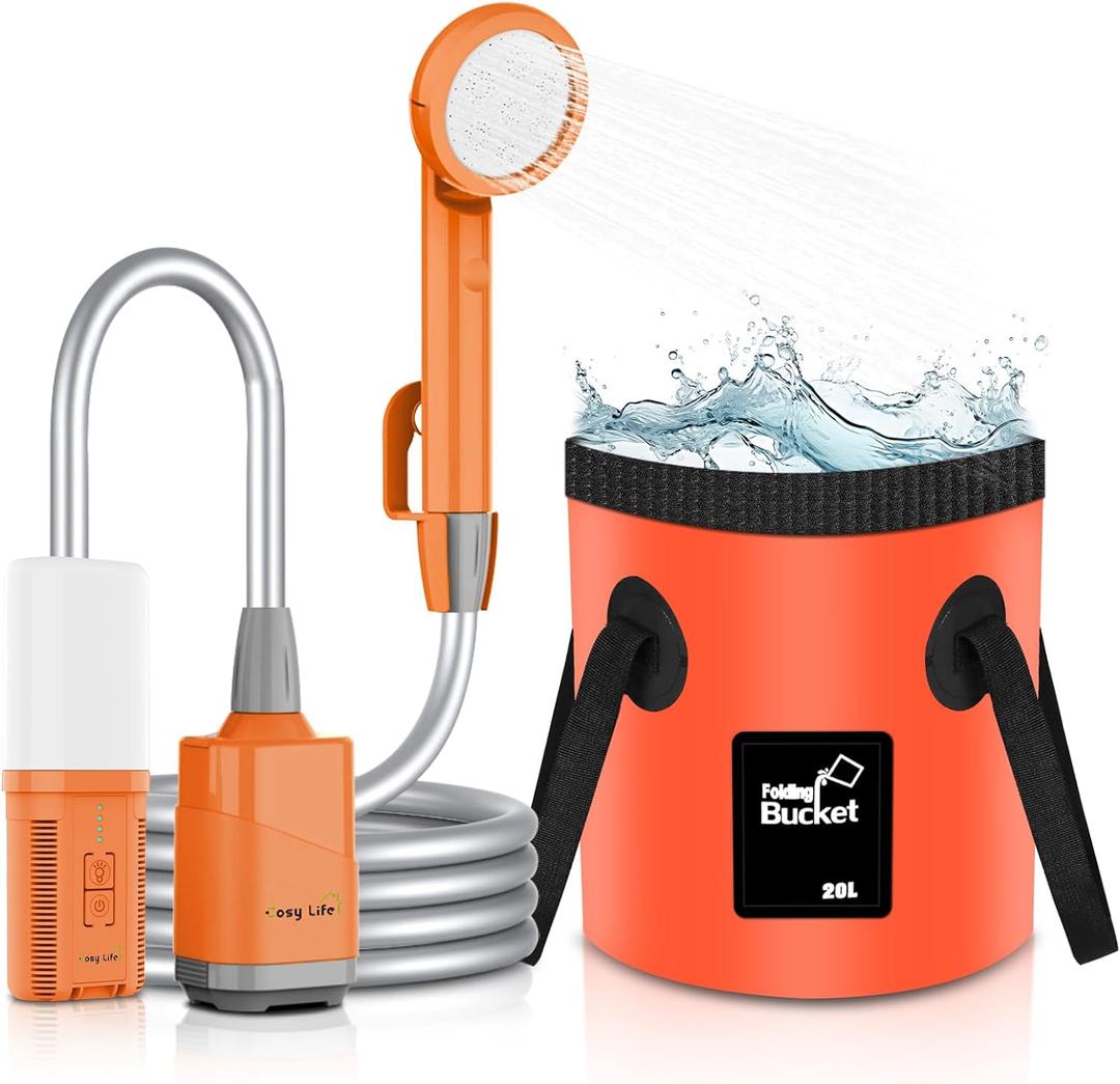 Portable Shower for Camping, Rechargeable Camping Shower Pump with 5 Gallons Collapsible Bucket & LED Light, Electric Outdoor Camp Shower Portable Shower Pump Camping Hiking (5.9 ft Hose)