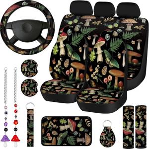 17 Pcs Mushroom Car Seat Covers Mushroom Car Accessories Full Set for Women Men Automotive Rear Front Seat Protector View Mirror Hanging Ornament Steer Wheel Belt Cover (Butterfly Mushrooms)
