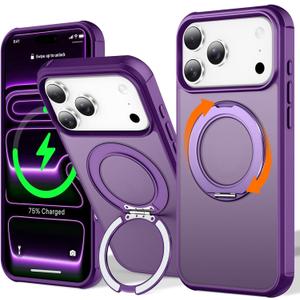 UMIONE 360 Rotatable Magnetic Ring Design for iPhone 17 Pro Max, Built-in Invisible Loop Stand, Compatible with Magsafe, Translucent Ultra Slim Military Grade Shockproof Case - Purple