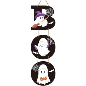 3 x Halloween Door Decorations Halloween Wreath Cute Ghost Decor Boo Sign Bat Spider Web Wooden Front Door Hanger Ghost Hanging Sign Wreath for Wall Indoor Home Decor