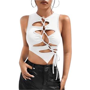 OYOANGLE Women's Cut Out Lace Up Round Neck Tie Front Asymmetrical Hem Crop Tank Top, Smal