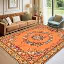 Area Rug for Living Room 6x9 Machine Washable Floral Butterfly Rug, Low Pile Throw Rugs with Rubber Backing Washable Non Slip Large Carpet for Dining Room Bedroom, Orange