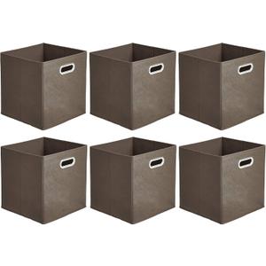Amazon Basics Collapsible Fabric Storage Bins with Handle, Sturdy Space-Saving Cube Organizer, 10.5" x 10.5" x 11", Taupe, 6-Pack