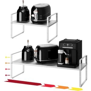 16.5~27.1" Expandable Shelf Organizer, 1Pack 10.2" Wide Stackable Cabinet Shelf Organizers, White Metal Sturdy Kitchen Counter Storage for Countertop, Adjustable Height Spice Rack